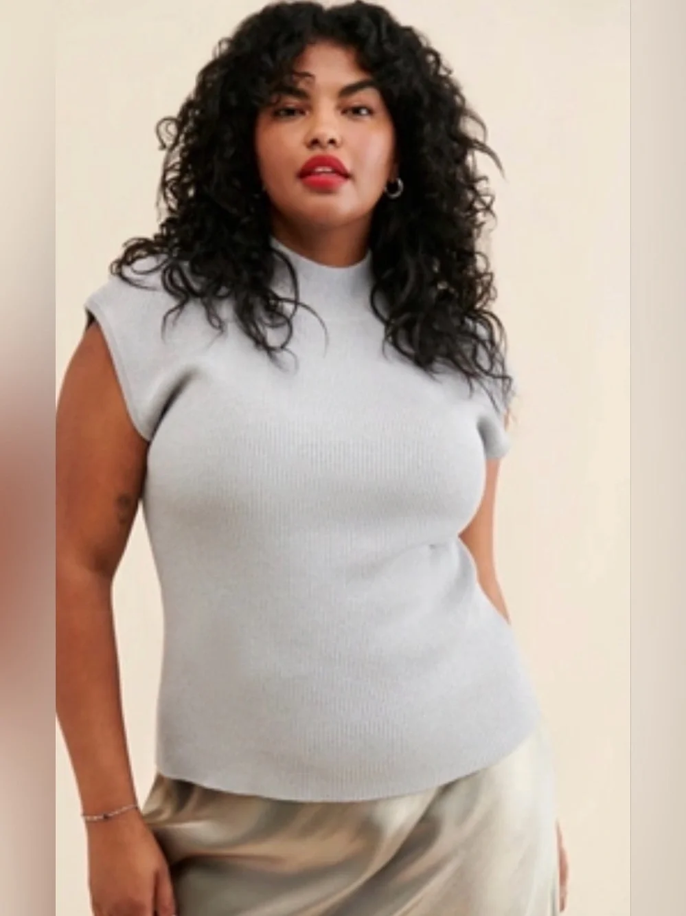 Eloquii Silver Ribbed Mock-Neck Shell - Picture 1 of 7